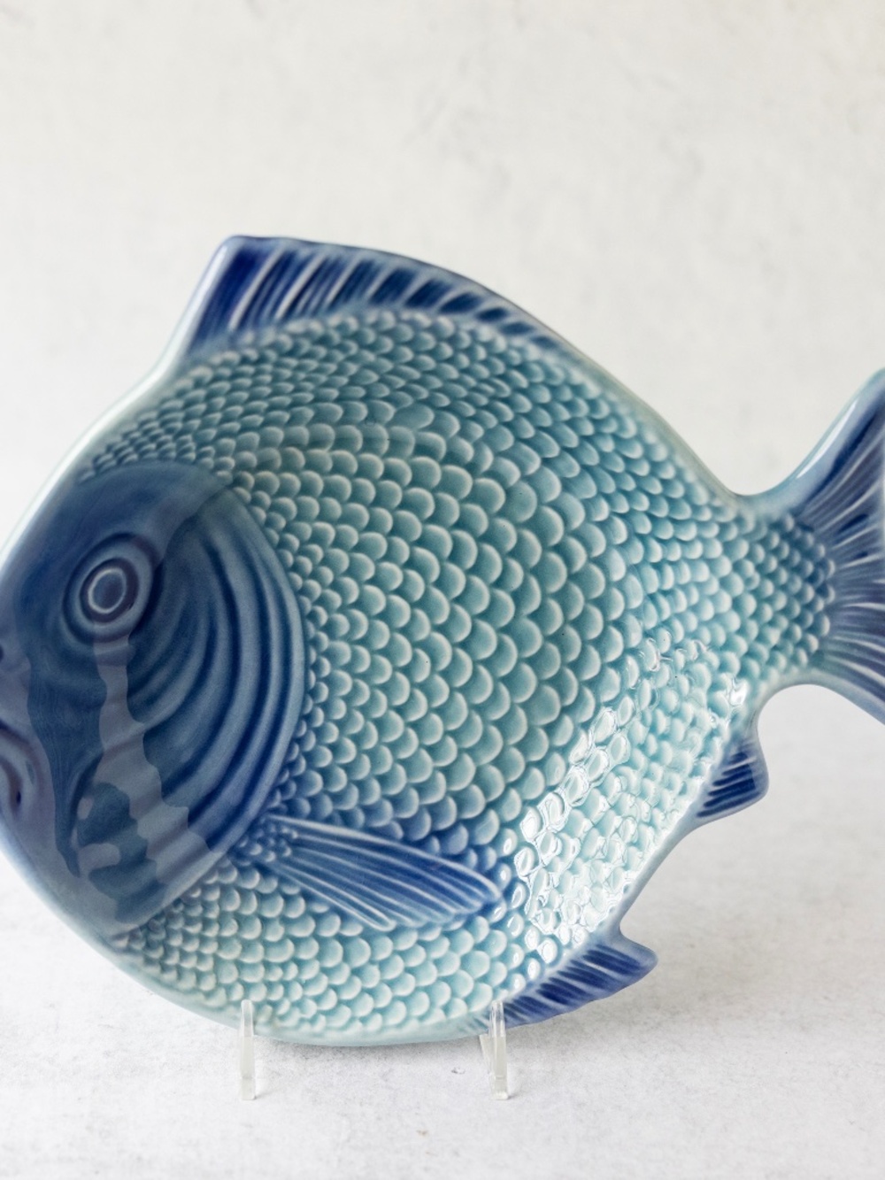 Olfaire Portugal Majolica Blue Aqua Turquoise Ceramic 8" Fish Shaped Bowl